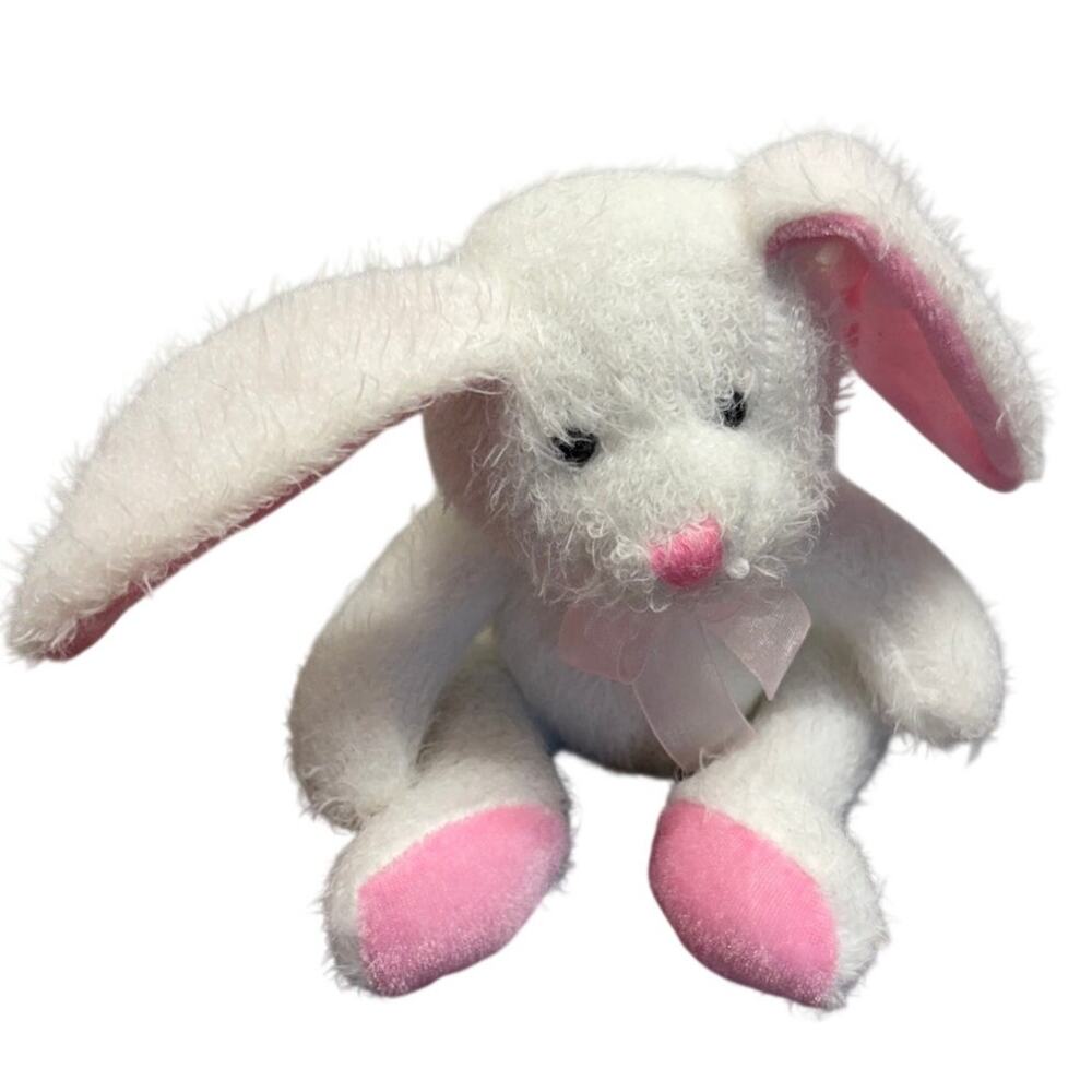 Prima Creations Bunny Rabbit 6" Sitting White Pink Bow Plush Stuffed Animal